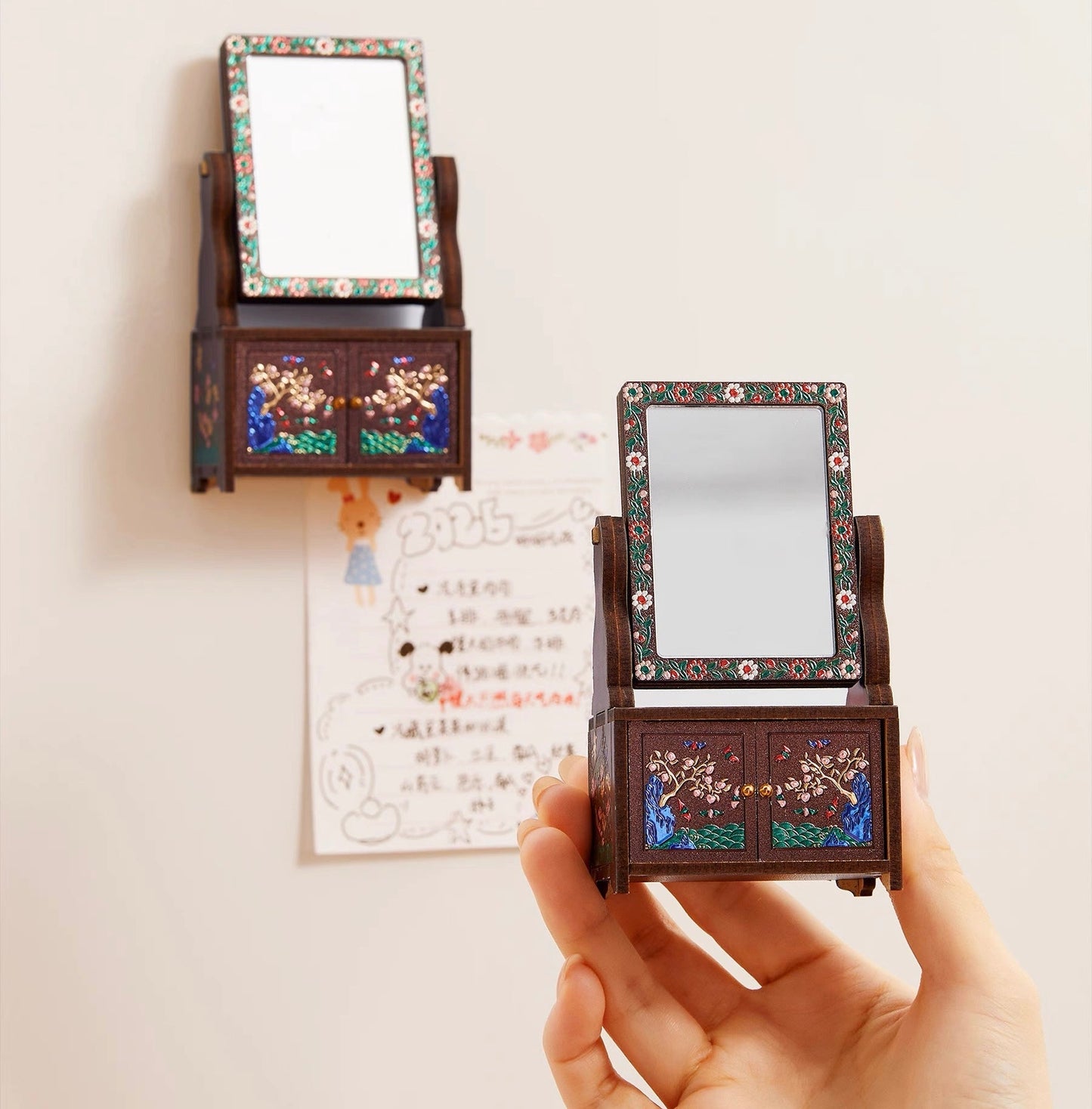 Handmade Mini Wardrobe Makeup Mirror - Vintage Dollhouse Style