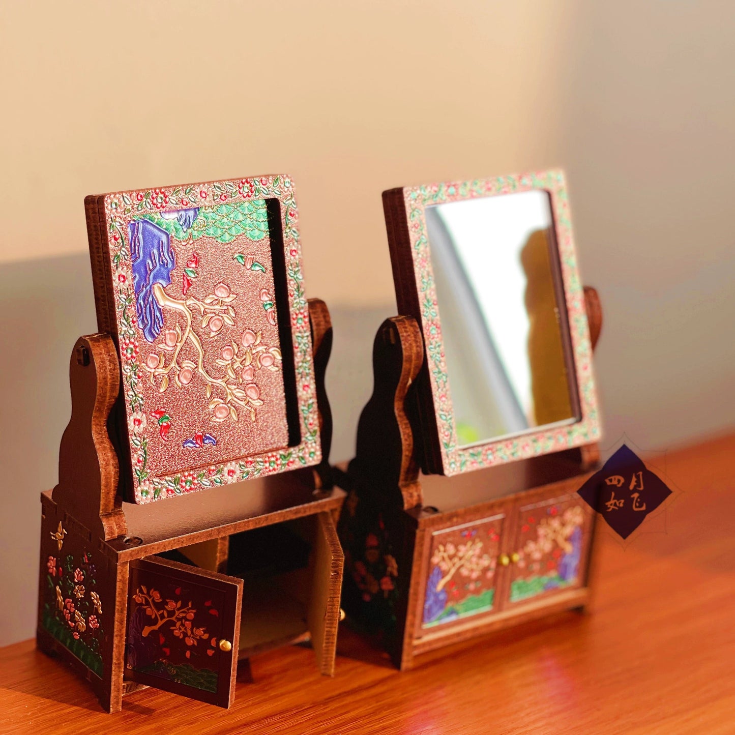 Handmade Mini Wardrobe Makeup Mirror - Vintage Dollhouse Style