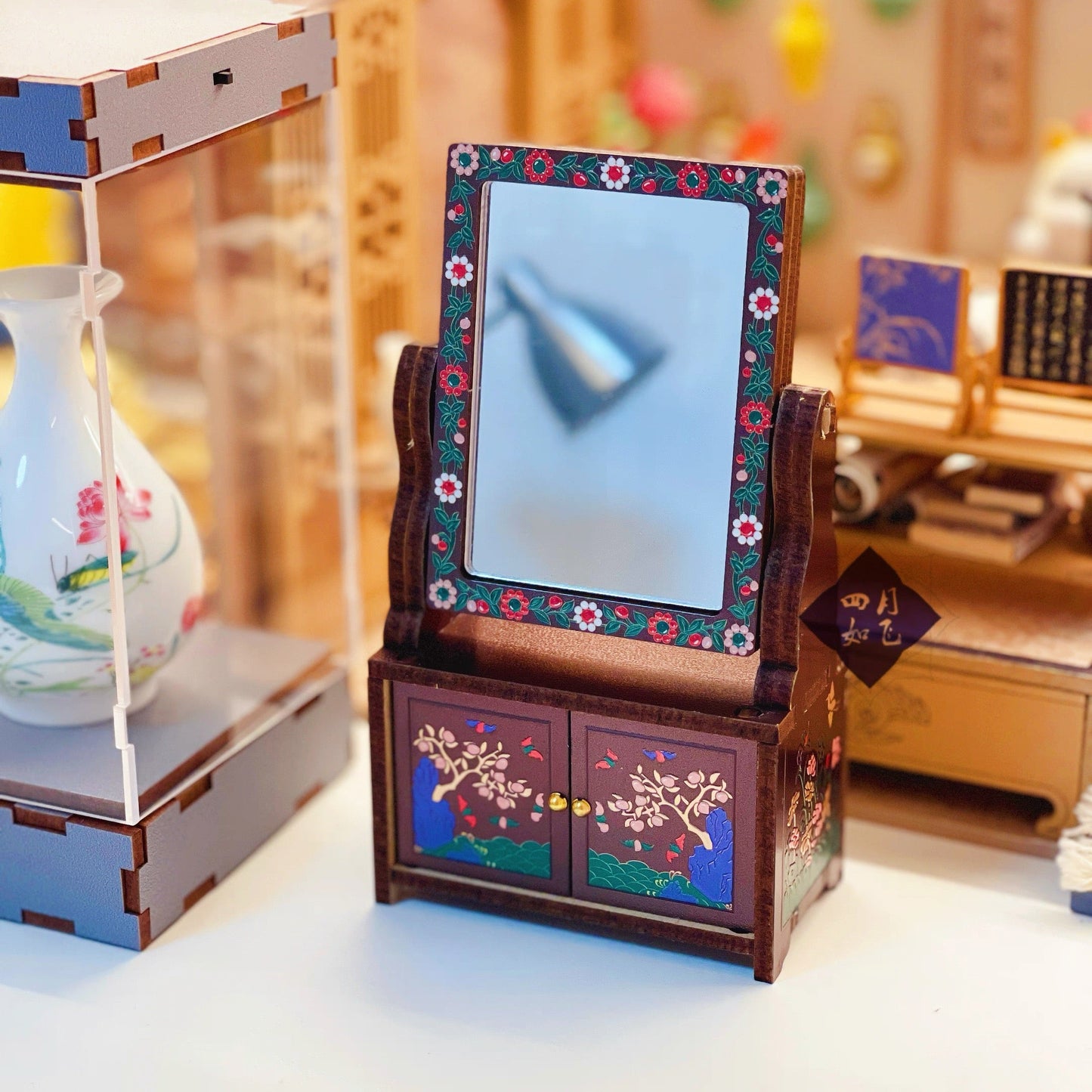 Handmade Mini Wardrobe Makeup Mirror - Vintage Dollhouse Style